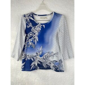 Zenergy by Chicos Blue White Floral Wave Print 3/4 Sleeve Top Size 0 Small